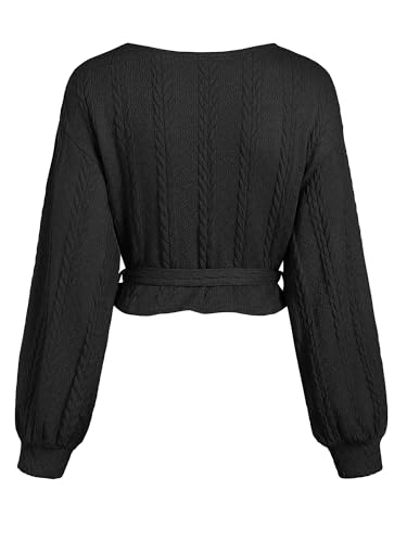 Image of ZAFUL Women's V Neck Sweater Lantern Long Sleeve Pullover Cable Knit Cross Crop Top Casual Tie Wrap Tunic Jumper Blouses