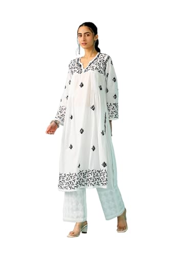 Image of Chandni Chikankari Cotton Straight Kurta |Chikankari | Chikankari Kurta | Chikankari Short Kurti | Lucknowi Chikankari Kurti (HCKUWI23121)