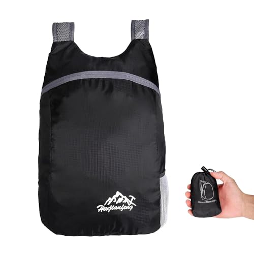 Faltbarer Rucksack, Ultraleicht Wasserdicht, Wander-Tagesrucksäcke, 20 L Praktischer Faltrucksack, Small Hiking Rucksack, ltraleichter Outdoor-Rucksack, für Reisen Outdoor Camping Klettern (Schwarz)