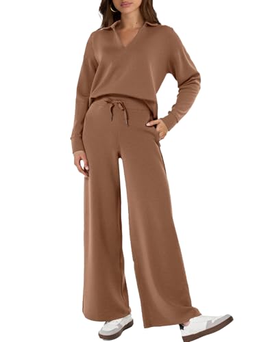 Glamaker Women's 2 Piece Sets Outfits Casual Long Sleeve Sweatsuits Polo Top and Wide Leg Pants Matching Sets