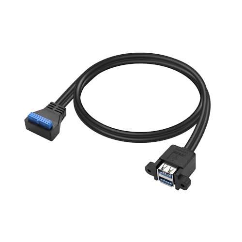 GINTOOYUN Motherboard 19/20Pin to Dual USB3.0 Cable Motherboard 19/20Pin Right Angle Female to Dual USB3.0 Female Panel Mount Cable with Two Panel Mount Screws(19Inch) (Upward bend)