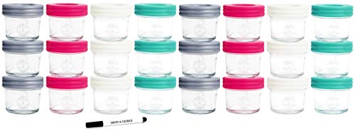 Image of Glass Baby Food Storage Containers - Set Contains 24 Small Reusable 4oz Jars with Airtight Lids - Safely Freeze Your Homemade Baby Food (Pink, Grey, Teal & White)