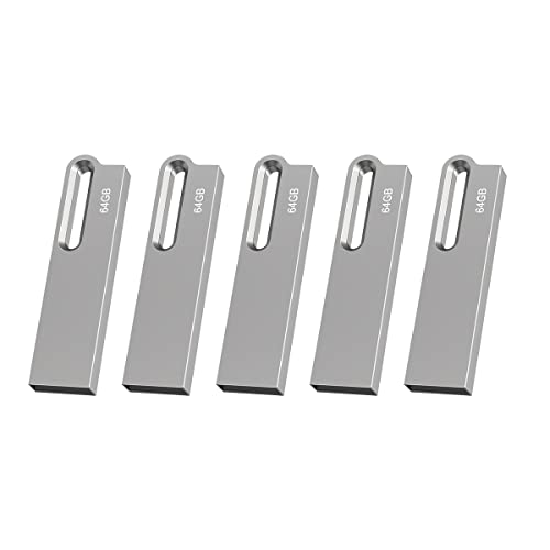 Aiibe 64GB Flash Drive 5 Pack Metal USB Drive Thumb Drive 64GB USB 2.0 Memory Stick Waterproof USB Flash Drives Jump Drive USB Stick with Keychain (64GB, Silver)