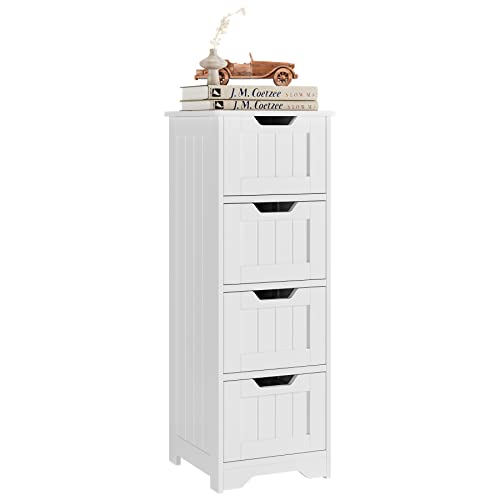 Fotosok Bathroom Storage Cabinet, Side Cabinet With 4 Drawers, 11.8” X 11.8” X 32.5” Freestanding Bedside Table Entryway Cupboard Storage Organizer Unit Home Furniture Decor, White #TOP7