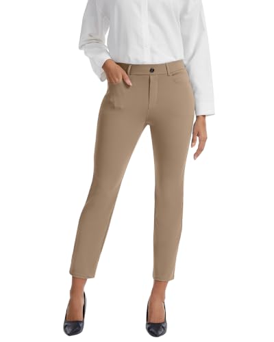 VIMPEP Women's Ankle Pants Stretchy Work Dress Business Casual Length Pants with Pockets Office Slacks for Women Casual 27 Khaki XS