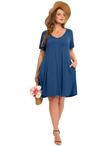 Image of ZENNILO Women's Plus Size Swing Dress with Pockets Casual Summer Dresses V Neck Short Sleeve T Shirt Dress for Women