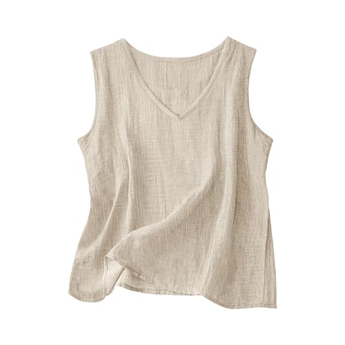 Leinen Top Damen Sommer V-Ausschnitt Trägershirt Lässige Tank Top Leichte Sommertop Ärmellose Shirt Musselin Blusentop Baumwolle Trägertop Locker Damentops Strand Leinentop Hawaii Achselshirt