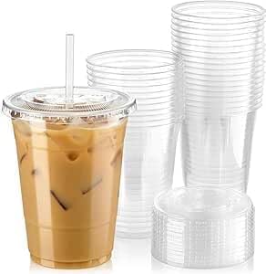 12 oz Clear PET Cups with Flat Lids Crystal Clear Disposable Cold Drink Cups for Juice Iced Coffee Smoothies & Soft Drinks Leak Resistant Food Grade Beverage Cups for Parties Cafés (100)