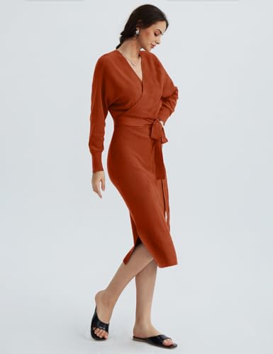 CHERFLY Women's V Neck Sweater Dresses Batwing Long Sleeve Backless Bodycon Long Dress with Belt2