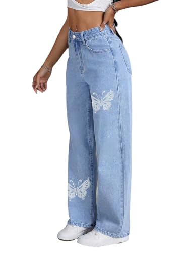 Women's Sparkle Rhinestones Butterfly Wide Leg Jeans High Waisted Trendy Y2K Straight Leg Jeans2