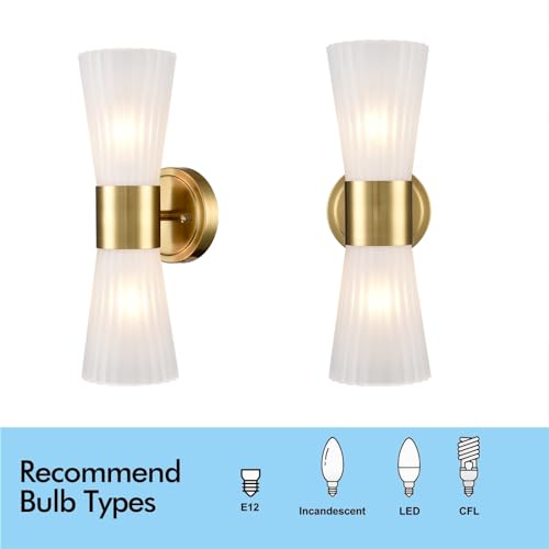 Image of Modern Wall Vanity Light Fixture Brushed Gold Wall Sconce, Adjustable Direction Up Down Wall Light with Frosted Milk White Striped Glass Shade for Living Room Bedroom Bathroom Hallway