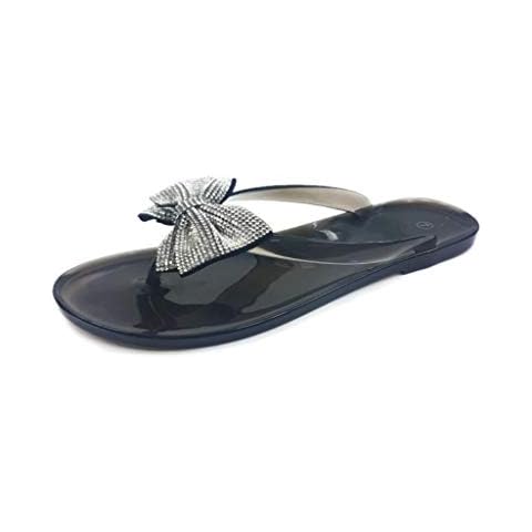TruFox Womens Rhinestone Bow Flip Flops Jelly Flat Sandal black Size: 6 UK Cover