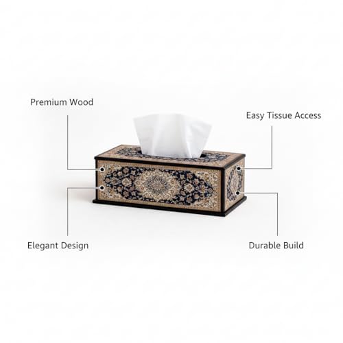Image of Designer Wooden Tissue Box with Traditional Carpet Print Decorative MDF Tissue Holder for Home, Office, Tabletop & Hotel Use Elegant Rectangular Case (6.5 x 5 x 3 Inch)