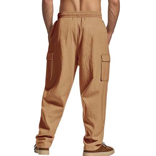 Cotton Linen Cargo Pants for Men Elastic Waist Solid Long Trousers Pockets Drawstring Comfort Trousers Classic Pant4