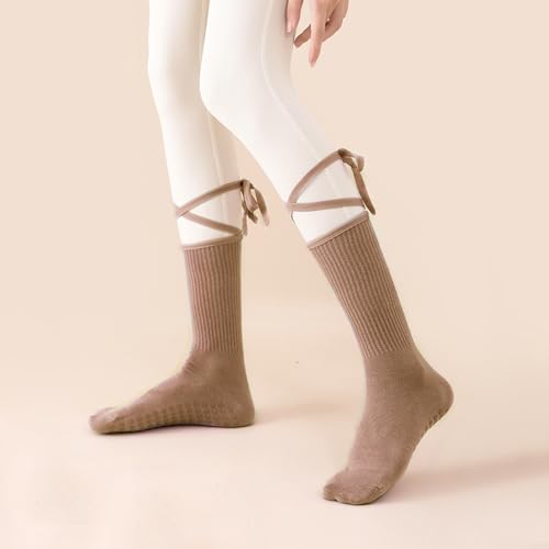 Womens Pilates Yoga Toe Socks with Grips Non Slip Cushioned Crew Socks Mid Calf for Barre Ballet