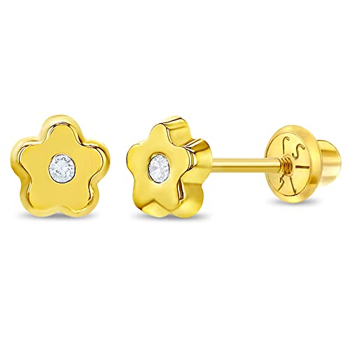 14k Yellow Gold Young Girls 5mm Clear Cubic Zirconia Flower Screw Back Earrings - Tiny Floral Stud Earrings for Infants to Toddlers - Dainty Flower Screw Backs for Little Girls