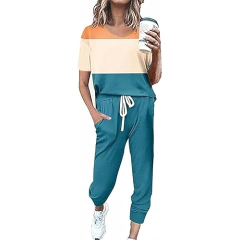 OCEANLUX Women's Sweatsuit Set Casual 2 Piece Pajamas Color Block Short Sleeve Top Long Pant Set Jogger Travel Tracksuits Cover