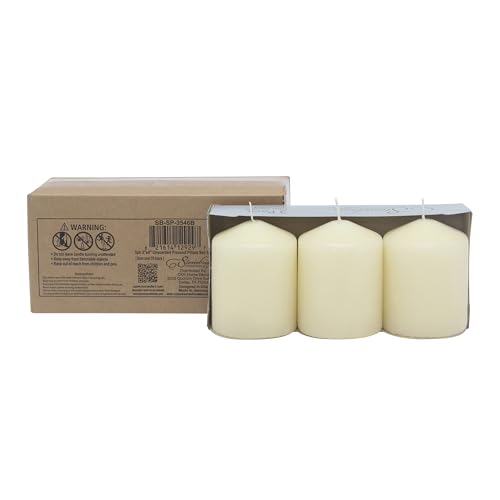 Image of Stonebriar Unscented Pillar Candles - 35 Hour Burn Time, Long-Lasting Wax Candles for Weddings, Holidays, Home Decor & Special Events, Pack of 3, Ivory, 3 inch x 4 inch