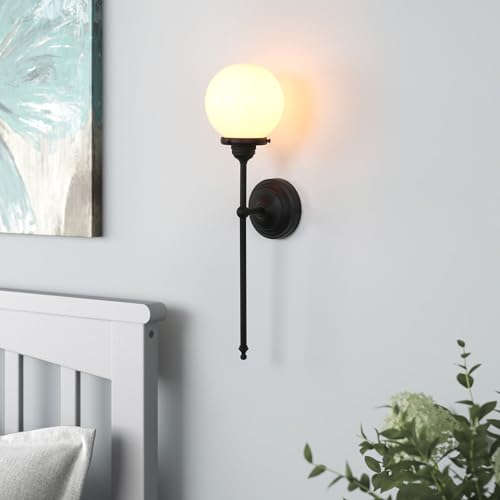 Image of Yosoan Indoor Milk Glass Wall Sconce Set of 2, Brass Modern Vintage Industrial Fixture Lights Hardwired with Round Glass Shade Lamp for Bathroom Mirror Living Room Bedside Bedroom Hallway(Black)
