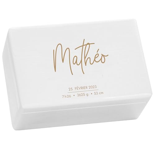 LAUBLUST Boîte à souvenir bébé - Sarre - Cadeau naissance personnalisable | Taille M, env. 30x20x14cm, Blanc - Boîte décorative en bois avec couvercle,...