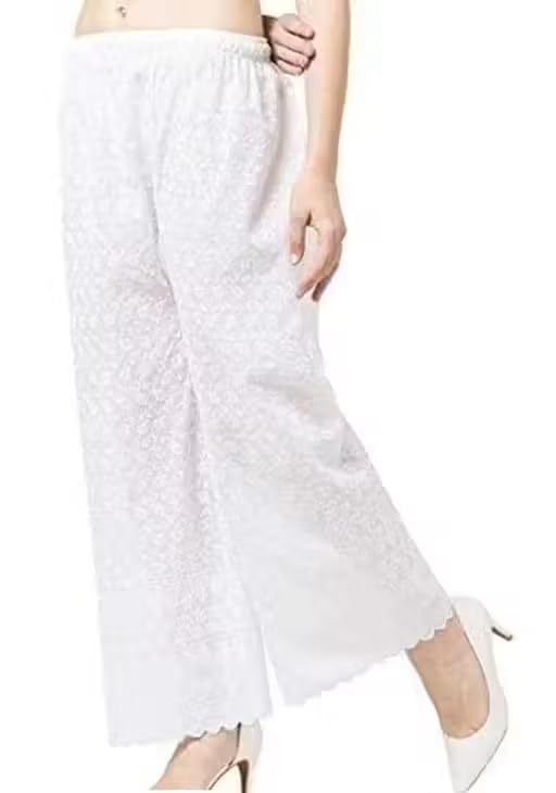 White Chikankary Elasticated Ethnic Palazzo Pants for Women's-picture-24