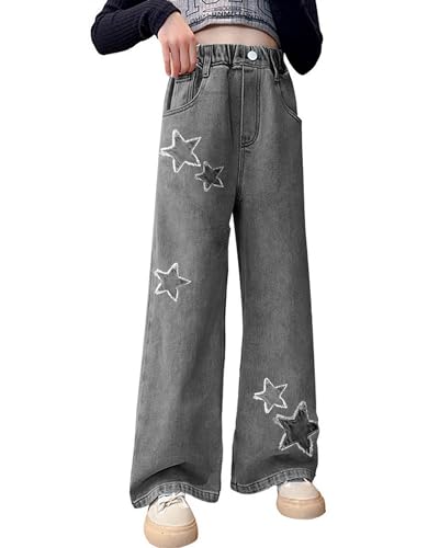 Betusline Girls’Wide Leg Jeans 6-14 Years Trendy Baggy Denim Pants with Elastic Waist Soft Stretch Easy On Off