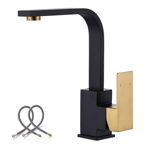 WOWOW Single Hole Bar Sink Faucet Black and Gold Single Handle Bar Faucet Modern Mini Bar Faucet with Water Supply Hose 360 Swivel RV Sink Faucet Small Wet Bar Sink Faucet Black and Brushed 