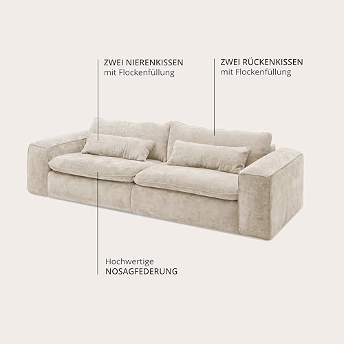 Big Sofa 300 cm breit, Modell Vince, Tiefe Sitzfläche, pflegeleichter Stoffbezug, Nosagfederung, Rücken echt bezogen, mittlere Sitzhärte, inkl. 2 Rückenkissen, 2 Nierenkissen, Beige