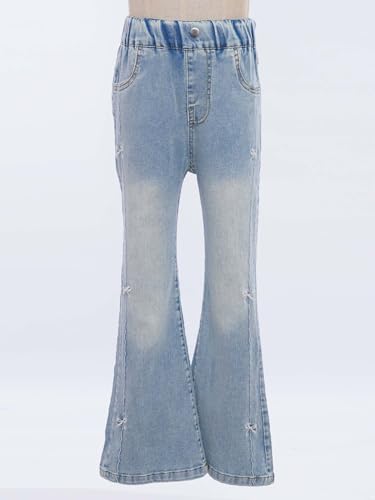 FEESHOW Kids Girls Bowknot Embroidery Flared Jeans Casual Slim Fit Bell Bottom Denim Pants Elastic Waist Trousers3