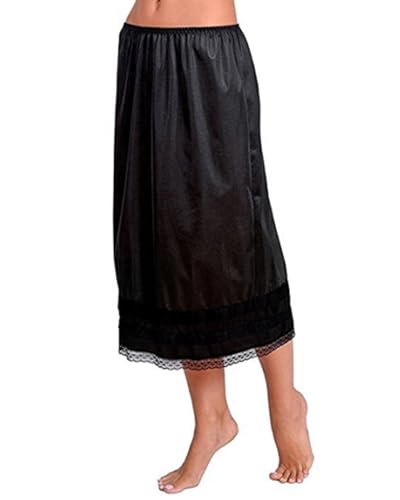 Acrawnni Damen-Unterrock, Satin, halber Slip, Spitze, lang, Slip, lange Slips für Kleider, Dessous, langer Rock, antistatisch, glatt, halblanger Rock, A-schwarz, 42
