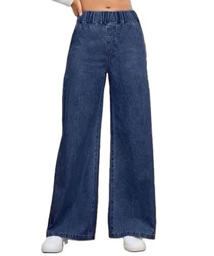 Image of ADBUCKS Women's Stretch Denim Wide Leg Jeans Comfort Fit with Elastic Waistband, Straight Cut, Casual Style for All Seasons, Versatile Clothing