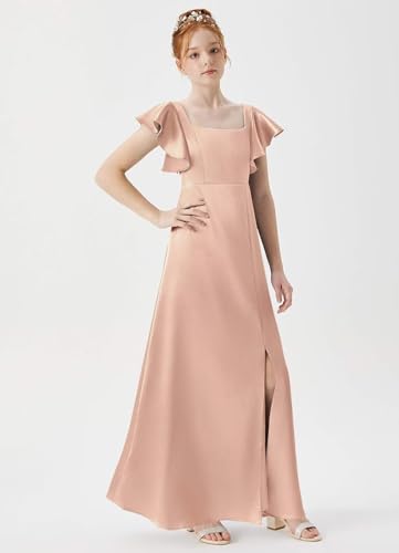 TIANMEI Satin Junior Bridesmaid Dresses with Slit Square Neck Flower Girl Dresses for Wedding3