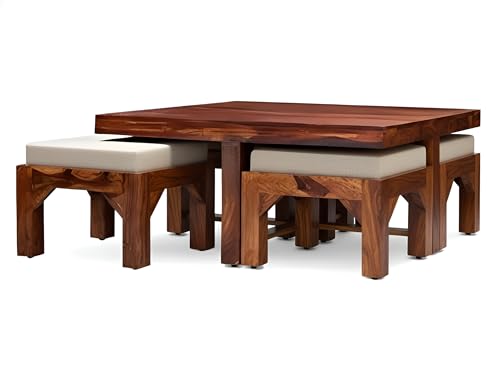 Image of Loonart Solid Sheesham Wood Coffee Table with Four Cushioned Stools | Idel for Living Room | Cafe | Restaurant | Space Saving Indoor Table Set | Finish Color - Honey Teak Finish | White Cushion |