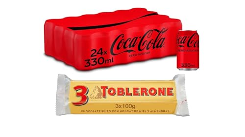 Coca-Cola Zero Azúcar, Pack de 24 latas de 330ml + Toblerone Chocolate con Leche Suizo con Nougat de Miel y Almendras Pack 3 x 100g