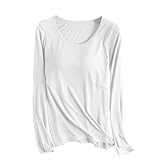 [BINBINNIAO] カップ付きTシャツ 長袖 Uネック ブラトップ レディース トップス 速乾 通気性 伸縮性 パッド付きTシャツ 大きいサイズ ゆったり カットソー 無地 カジュアル 下着 肌着 秋冬 パジャマ ヨガ インナー ルームウェア