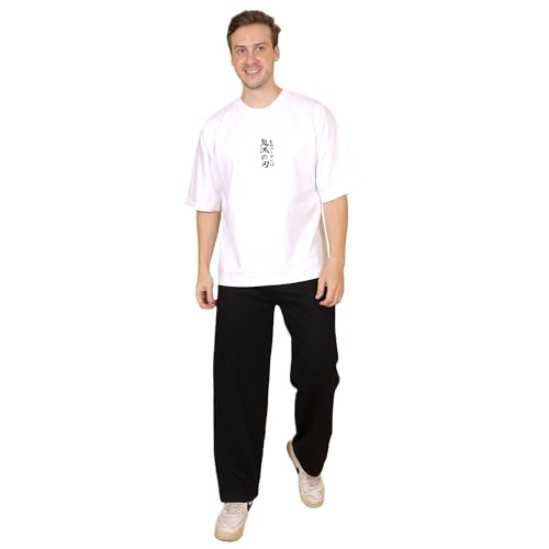 Image of Demon Slayer Tanjiro Oversized Off White Tshirt for Men and Women Anime Graphic Print Drop Shoulder Unisex Pure Cotton Baggy Loose Fit T-Shirts