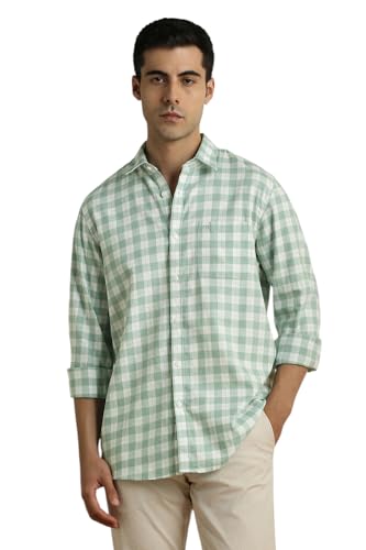 Image of Peter England Men's Checkered Cotton Shirt | Smart Casual | Full Sleeves Slim Fit