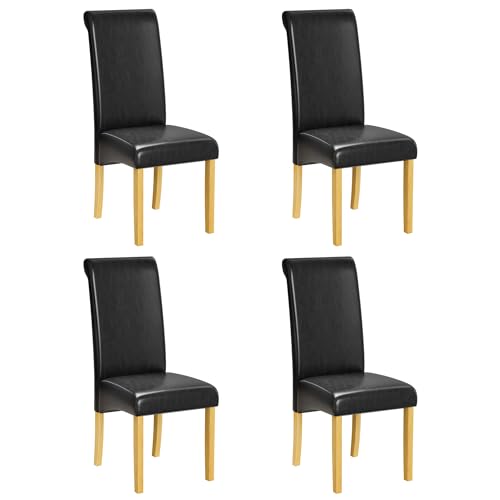 1home Faux Leather Dining Chairs with Solid Wooden Legs, Padded Seat and Curved Backrest, Easy to Clean Waterproof Chairs, Set of 2, Ideal for Kitchen, Living Room, and Study, Black