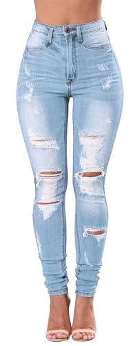 Womens High Waisted Distressed Stretch Ripped Butt Lift Denim Pants Blue Size 16