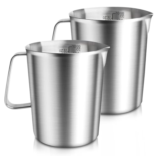 Lot de 2 verres doseurs de 1 l en acier inoxydable - Pot à lait en acier inoxydable avec poignée et marquage - Gobelet doseur de 1 l - Passe au...