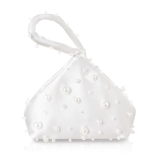 BABEYOND Clutch Purses for Women - Satin Evening Bag Triangle Purse Pearl Handbag for Wedding Prom Party (White One Size)