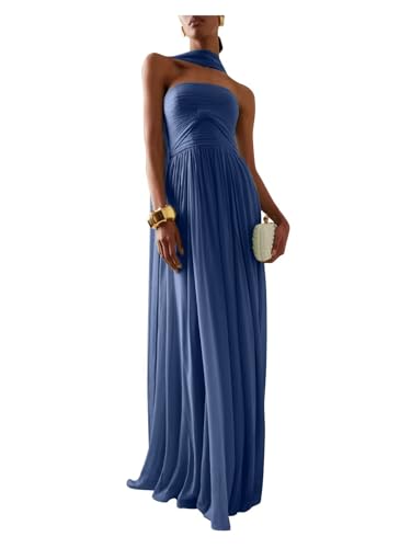 Strapless Chiffon Bridesmaid Dresses for Women 2025 Halter A Line Prom Dress Long Pleated Formal Party Gowns with Scarf B18