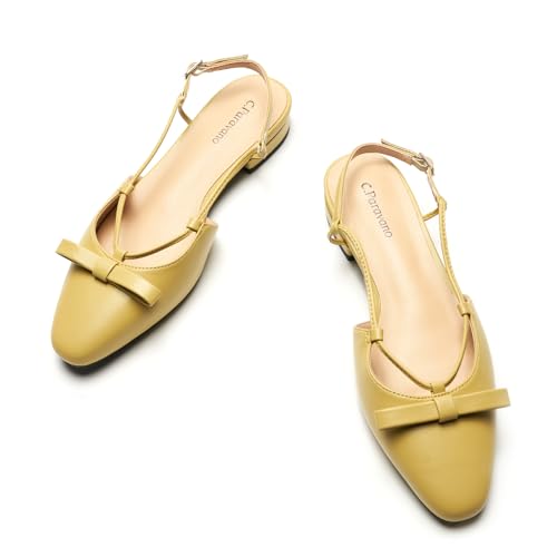 C.Paravano Women's Slingback Flats, Stylish Almond Toe Sandals, Comfortable Flats with Adjustable Strap, Dressy, Office Wear, Daily Use 10 Yellow
