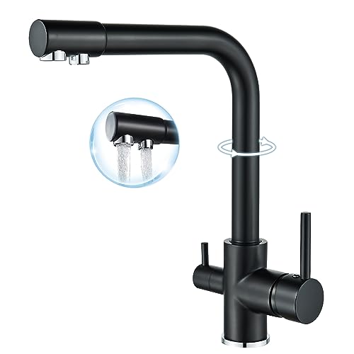 ROVOGO 3 in 1 Black Kitchen Sink Mixer Tap with Drinking Filtered Water Outlet, Twin Lever Swivel Spout Monobloc Tap with 3 Hoses, High Arc Faucet