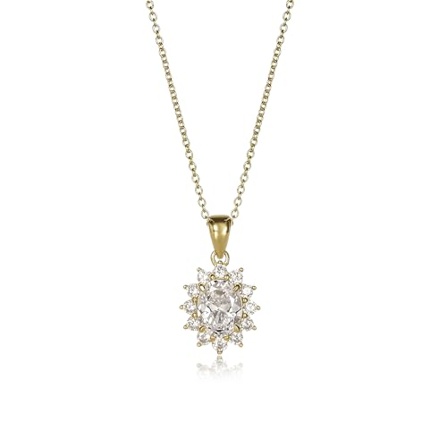 Diamond Treats Collar con colgante de halo ovalado de plata de ley 925 para mujer con circonitas cúbicas blancas, verdes, azules o rojas, collar clásico con colgante de halo dorado o plateado con caja