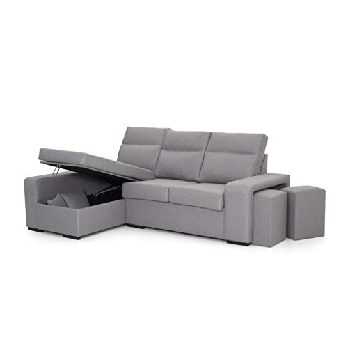 Sofá Chaise Longue 4 Plazas Gris Perla FORSETI Izquierdo Tanuk 230x155 con Arcón y 2 Puffs Tejido Hipoalargénico...