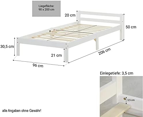 3. Bild von Homestyle4u Holzbett 90x200 mit Lattenrost Massiv Weiss Einzelbett Bettgestell Bettrahmen Kiefer Holz Massivholzbett