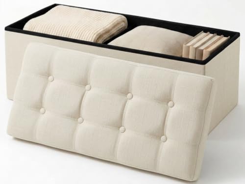 edihome, Puff Almacenaje Plegable, (38 x 110 x 38 cm), Baul, Otomana con Tapa – Banco de Tela Organizador y Asiento para Dormitorio y Pie de Cama (Blanco Marfil, 38 x 110 x 38 cm)