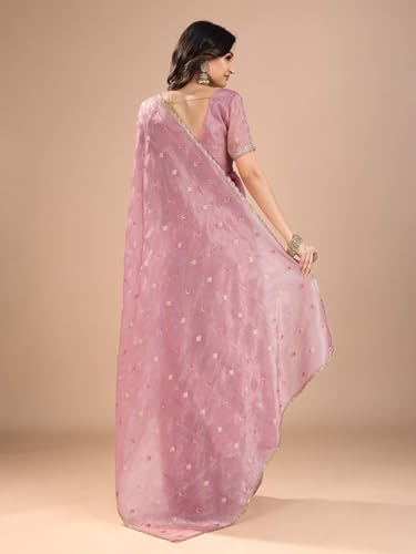 Image of AKHILAM Women's Organza Embroidered Sequins Work Saree With Unstitched Blouse Piece (RANI2501 RN Parent)