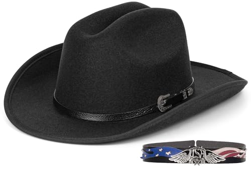 Image of Cowboy Hats for Women & Men Felt Cowgirl Hat with Belt Buckle Wide Brim Western Hat